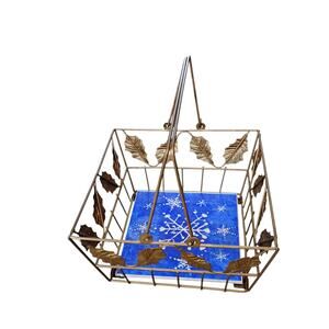 💙❄️Metal Square Basket Gold Holly Leaves & Blue Snowflake Tile Insert